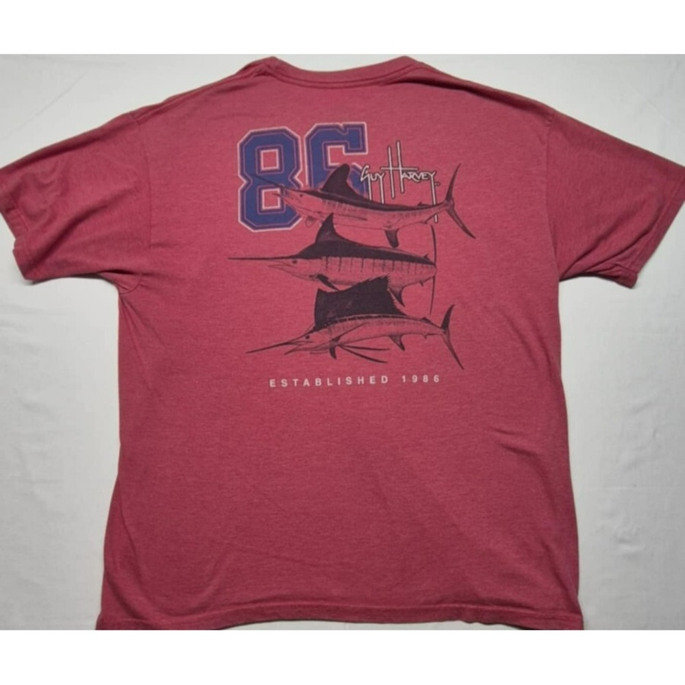 Guy Harvey men's red fishing logo graphic t-shirt 86 swordfish two‎ sided sz. XL